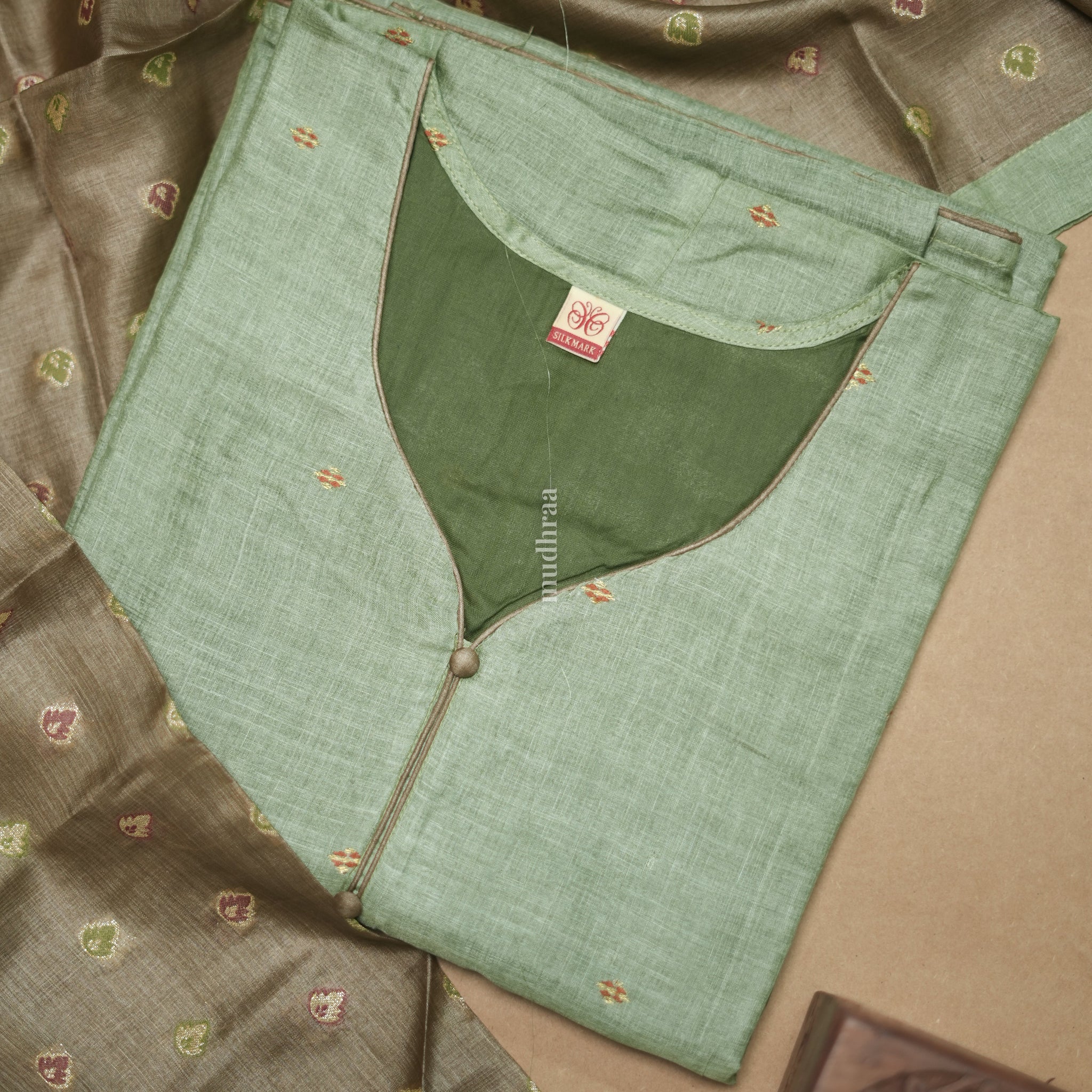 SAGE & BEIGE SEMI-STITCHED TUSSAR SUIT SET