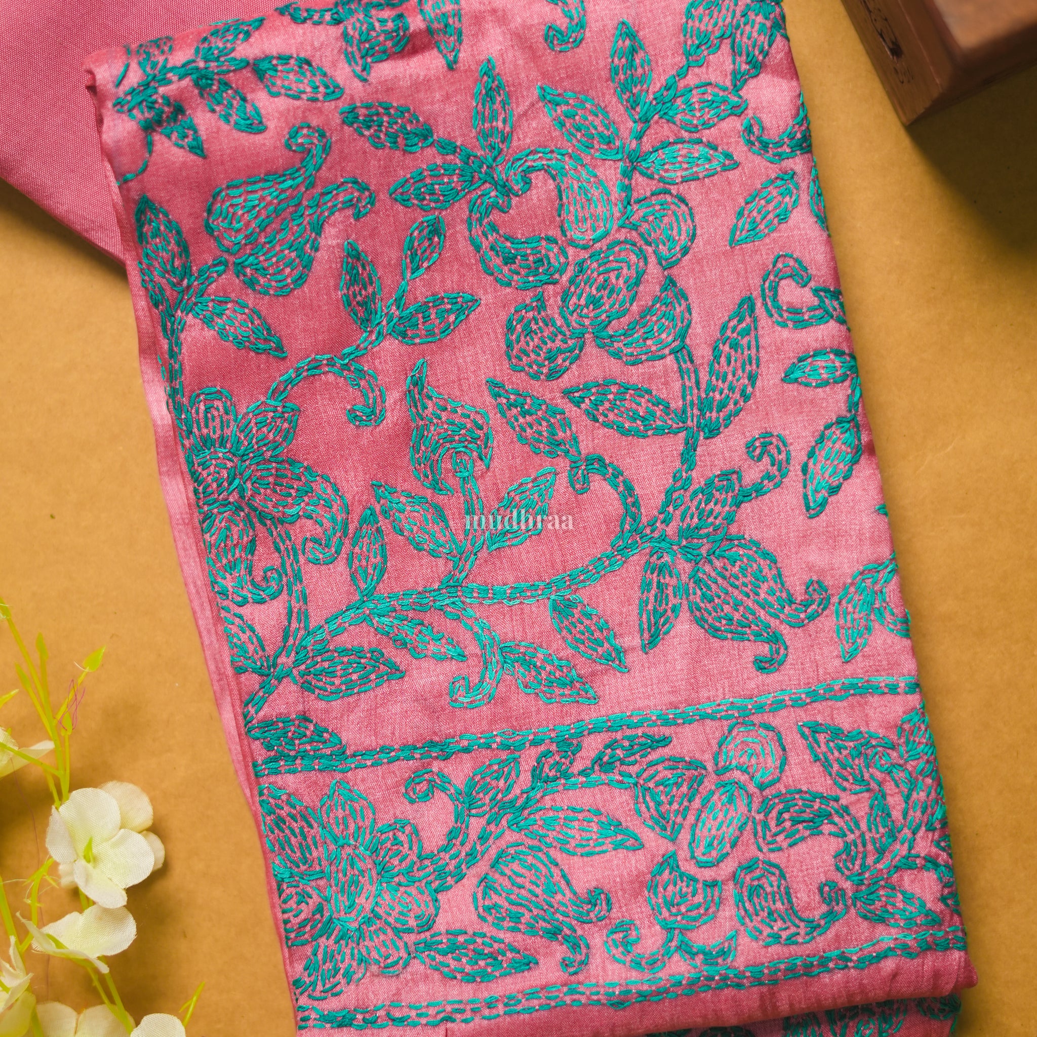 PINK & TURUOISE KANTHA TUSSAR SUIT SET