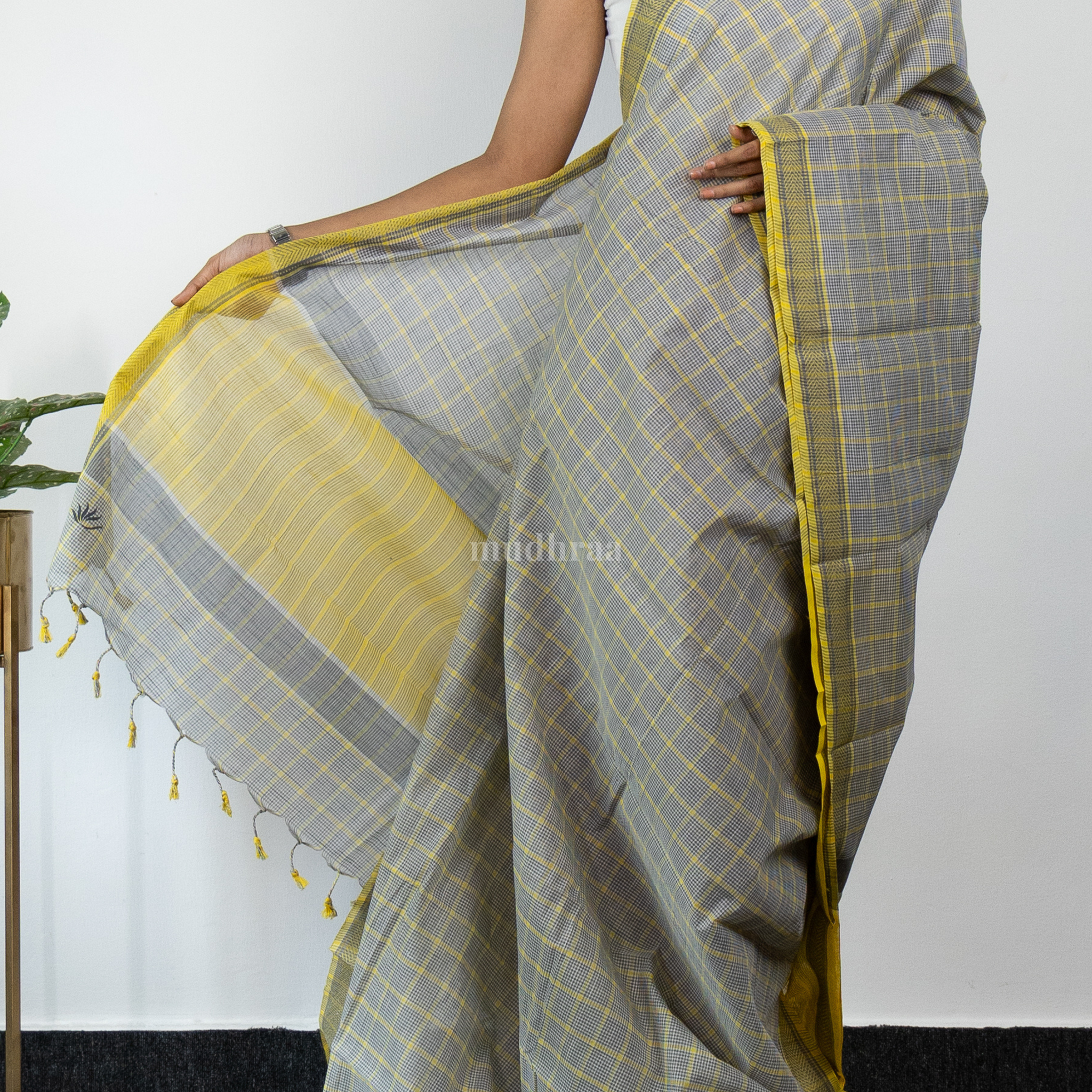 Grey and Lime yellow Checkered Khadi Cotton Saree