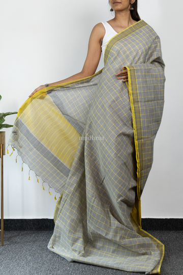 Grey and Lime yellow Checkered Khadi Cotton Saree