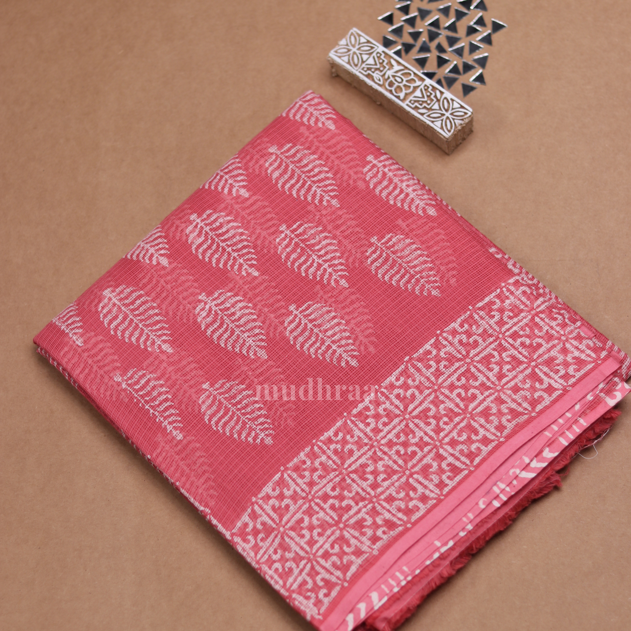 RASPBERRY HANDBLOCK PRINTED KOTA COTTON SAREE