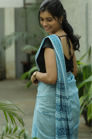 BABY BLUE HANDBLOCK PRINTED KOTA COTTON SAREE