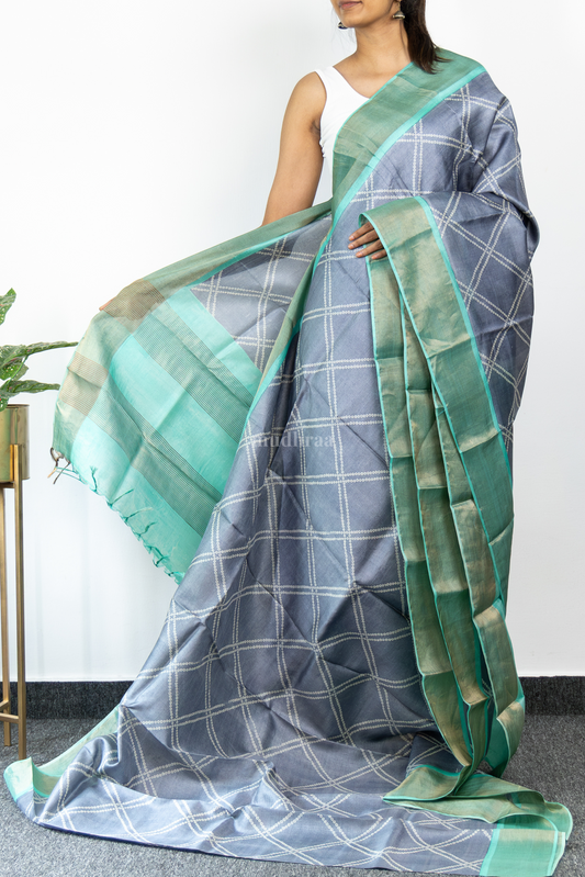 GREY AND SEA BLUE PRINTED TUSSAR SAREE