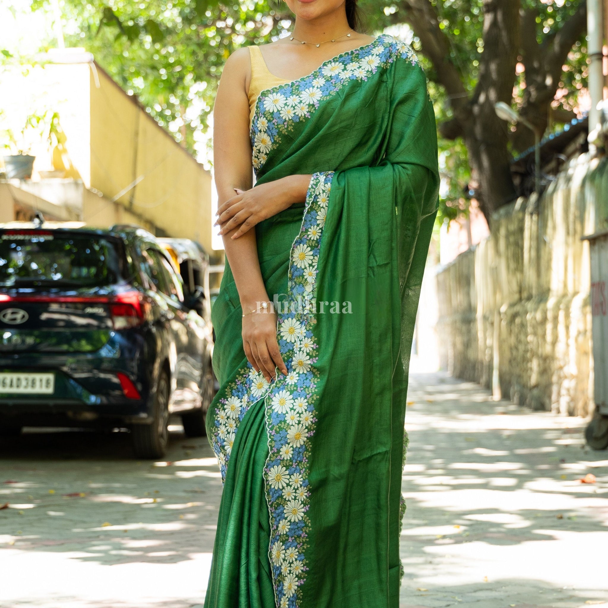 Forest Green Embroidered Tussar Silk Saree