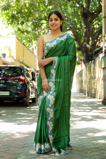 Forest Green Embroidered Tussar Silk Saree