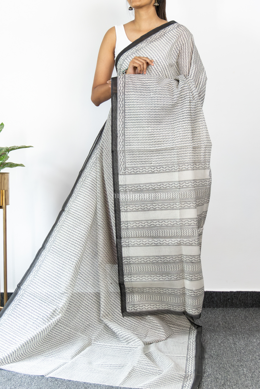 BLACK AND WHITE HANDBLOCK PRINTED KOTA COTTON SAREE