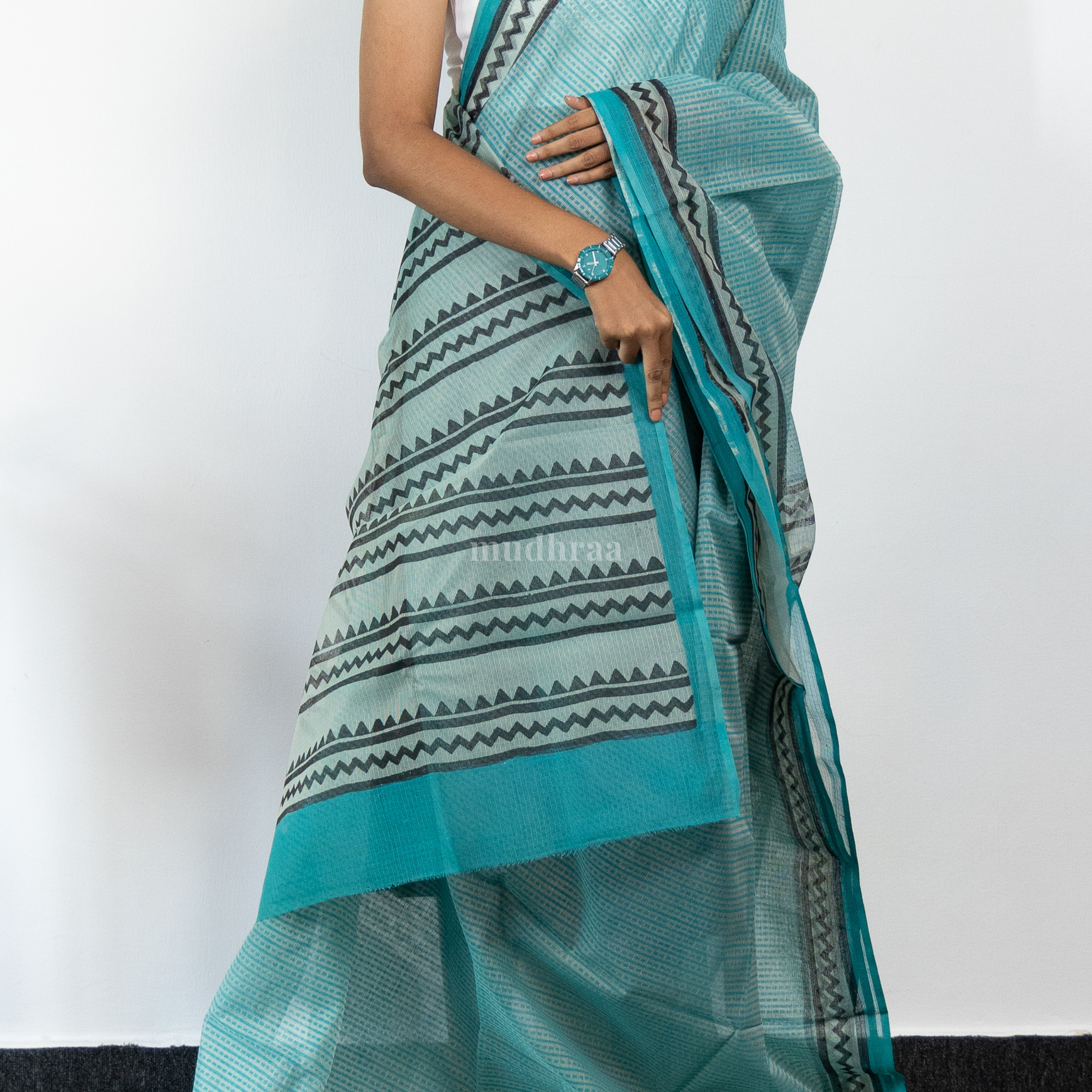 CYAN BLUE HANDBLOCK PRINTED KOTA COTTON SAREE