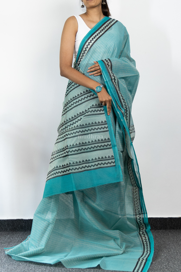 CYAN BLUE HANDBLOCK PRINTED KOTA COTTON SAREE