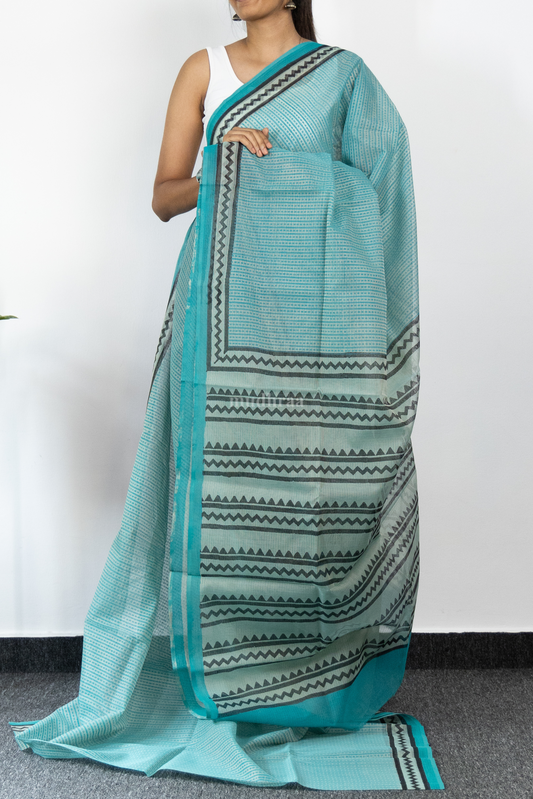 CYAN BLUE HANDBLOCK PRINTED KOTA COTTON SAREE