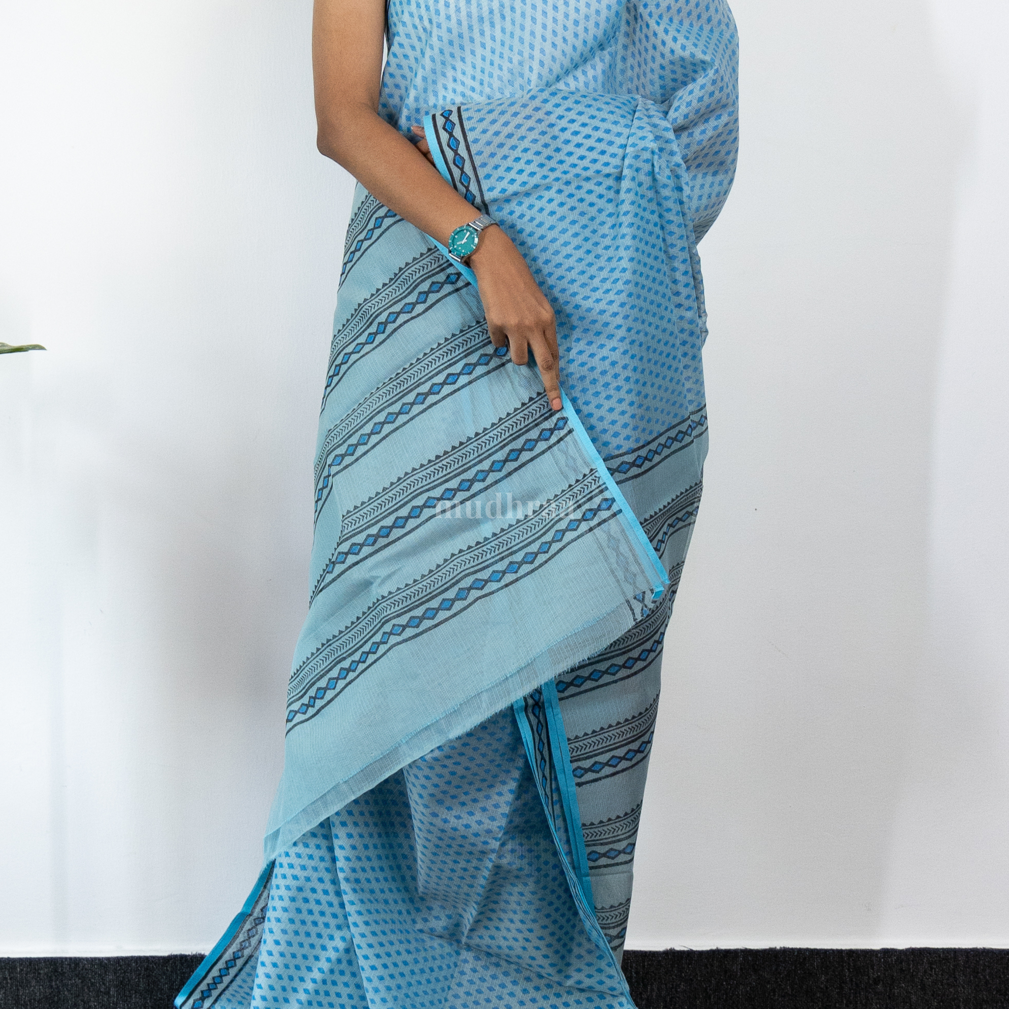 SKY BLUE HANDBLOCK PRINTED KOTA COTTON SAREE