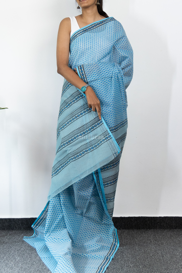 SKY BLUE HANDBLOCK PRINTED KOTA COTTON SAREE