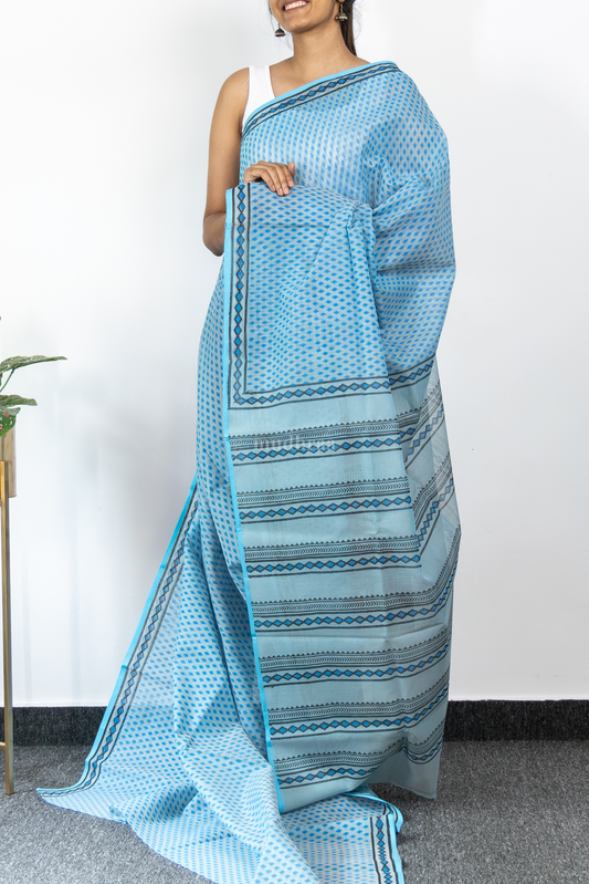 SKY BLUE HANDBLOCK PRINTED KOTA COTTON SAREE