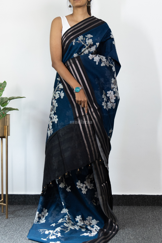 NAVY BLUE PRINTED CHANDERI SAREE