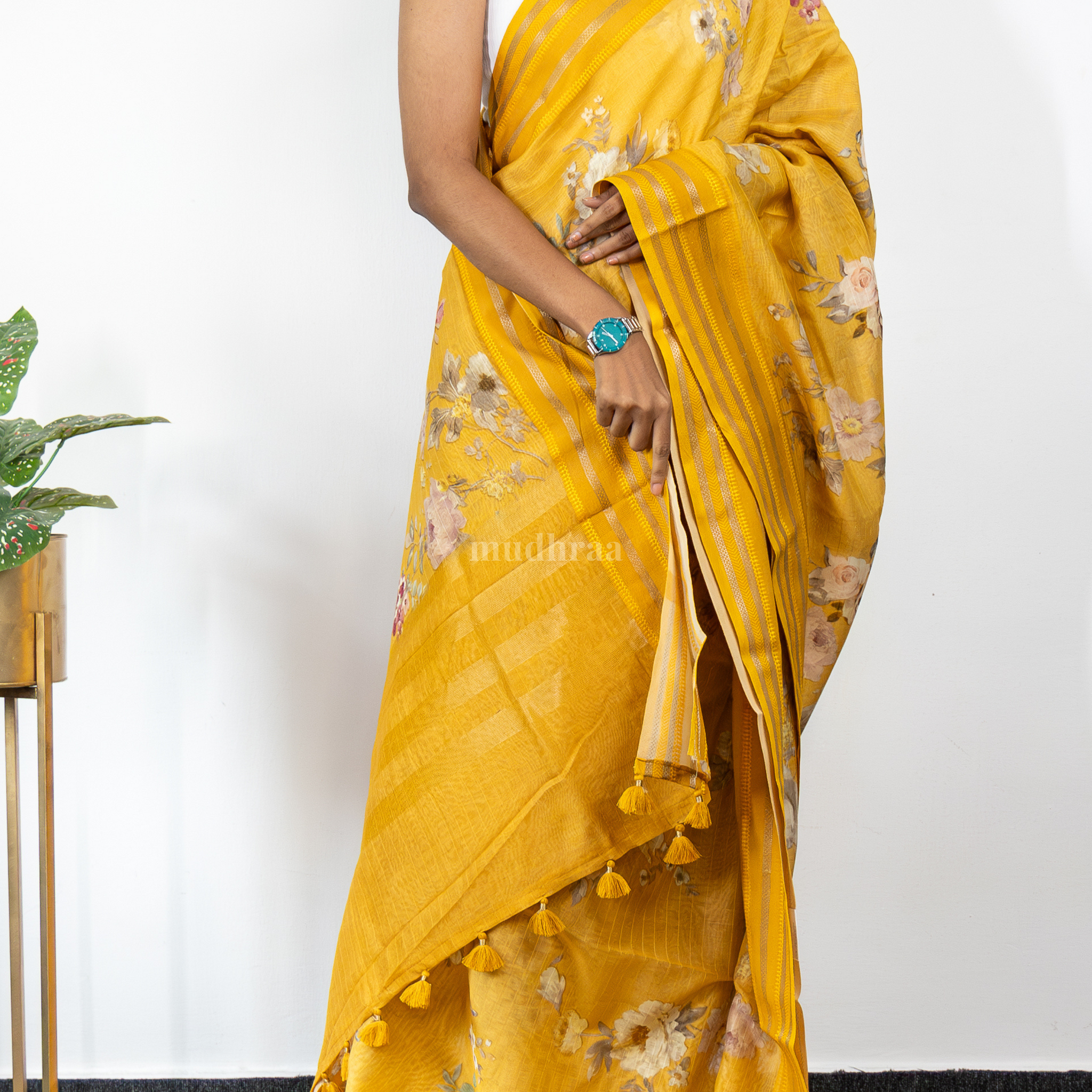 SUNSHINE YELLOW PRINTED CHANDERI SAREE