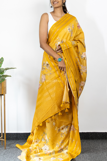 SUNSHINE YELLOW PRINTED CHANDERI SAREE