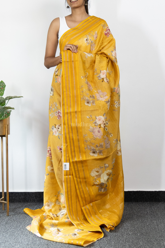 SUNSHINE YELLOW PRINTED CHANDERI SAREE