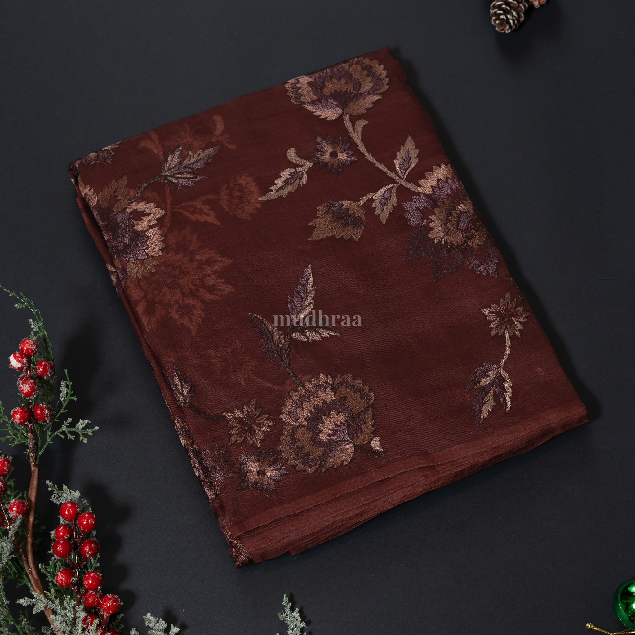 Pine Brown organza embroidered saree