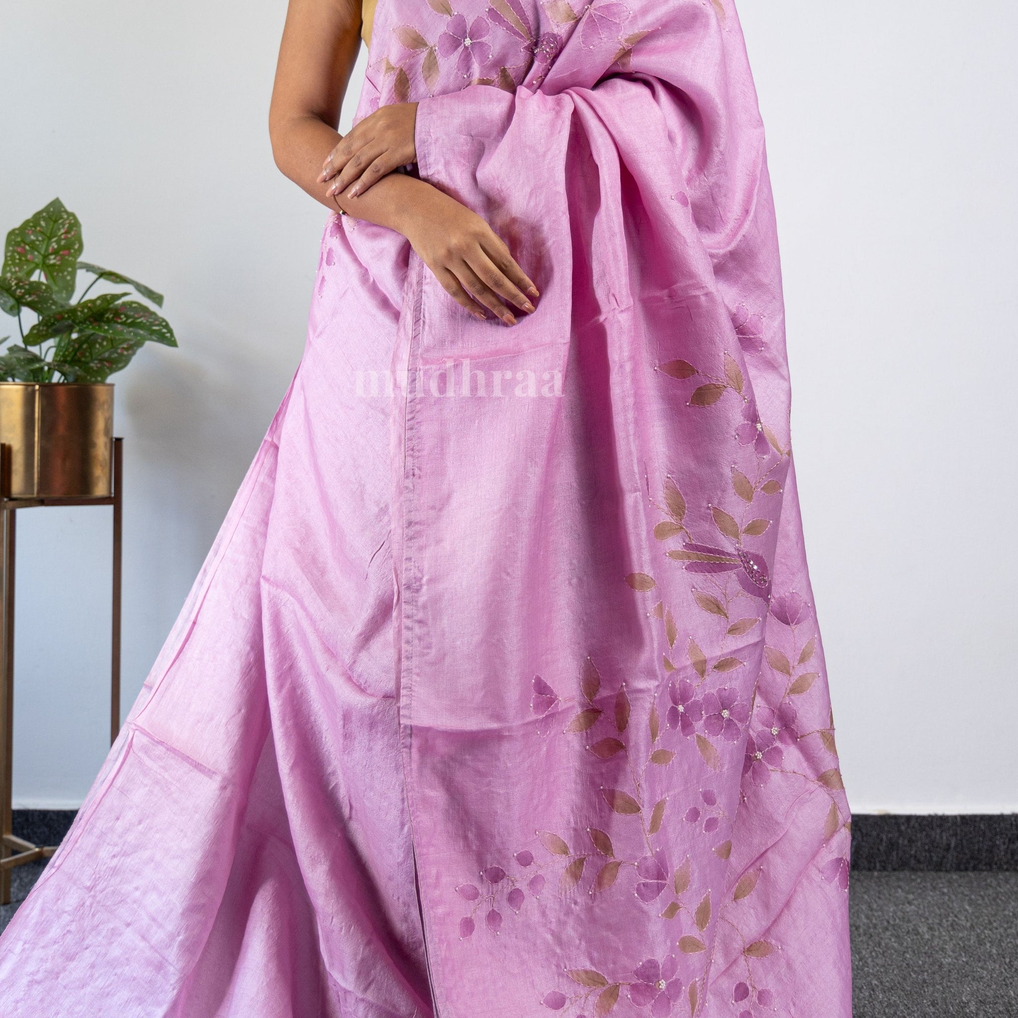 Lilac Kantha Tussar Silk Saree