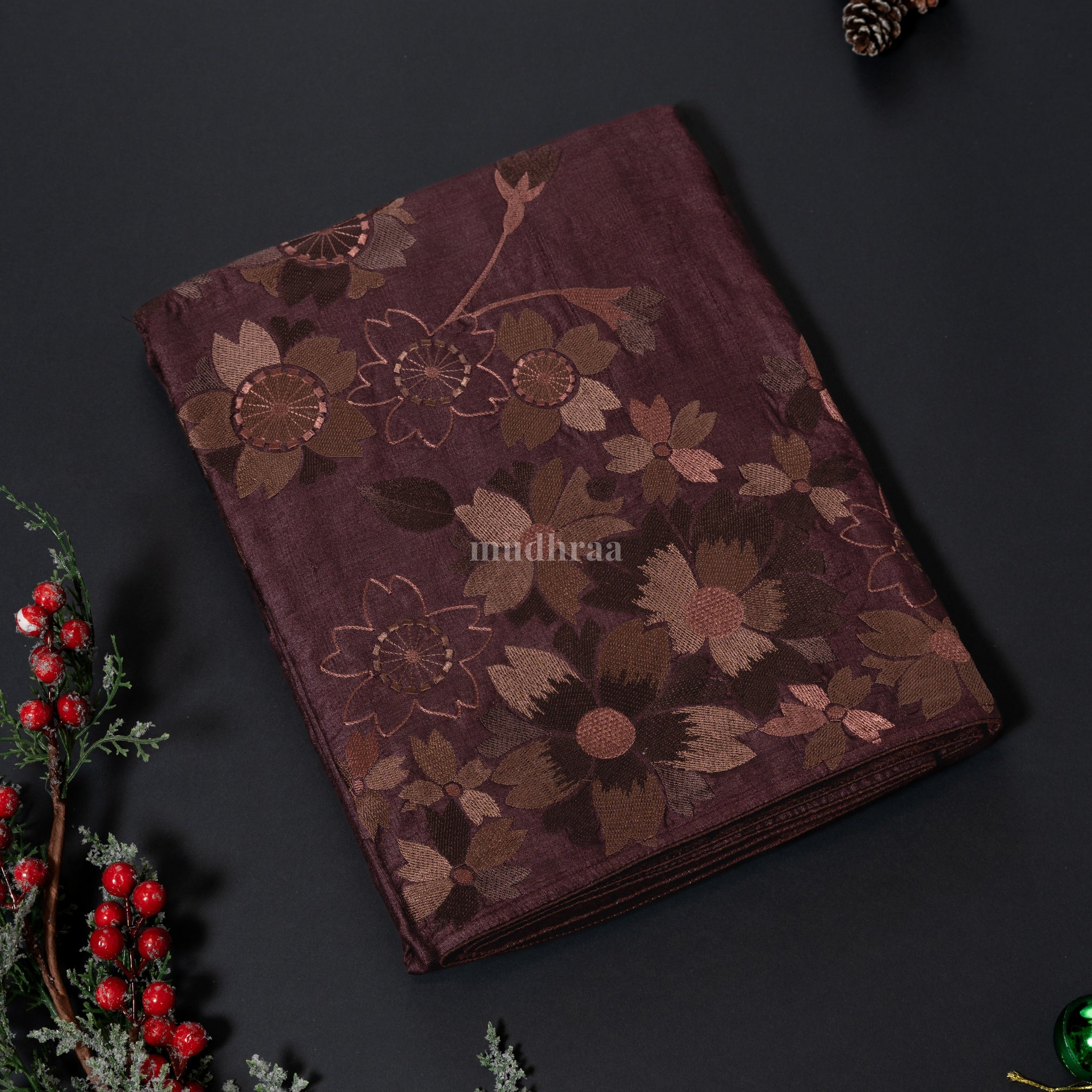 CEDAR BROWN EMBROIDERED TUSSAR SILK SAREE