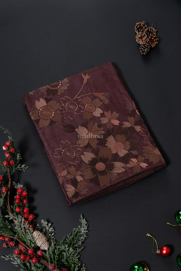 CEDAR BROWN EMBROIDERED TUSSAR SILK SAREE