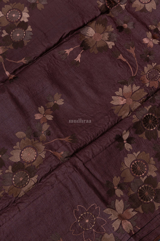 CEDAR BROWN EMBROIDERED TUSSAR SILK SAREE