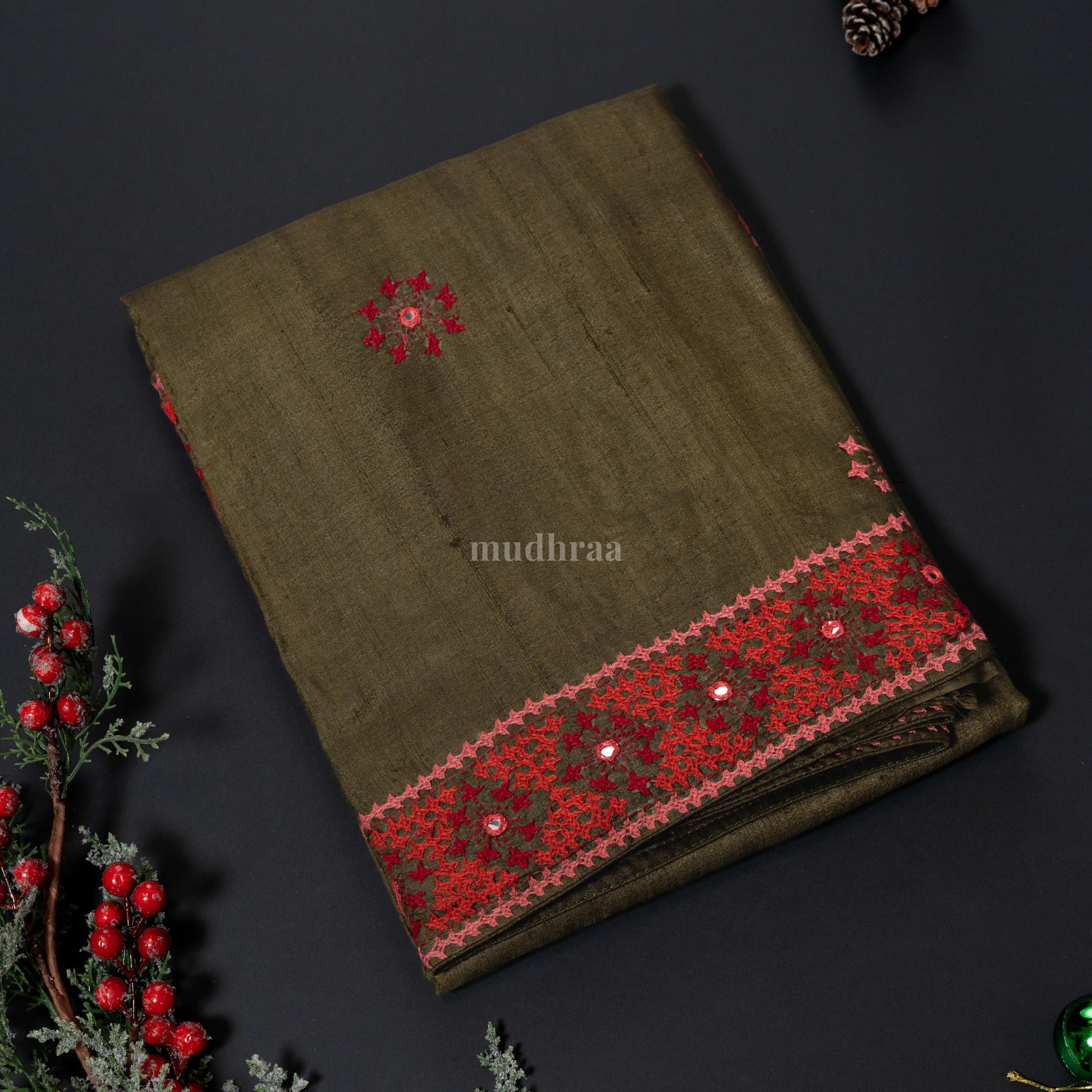 Moss green Kutch work Tussar silk saree