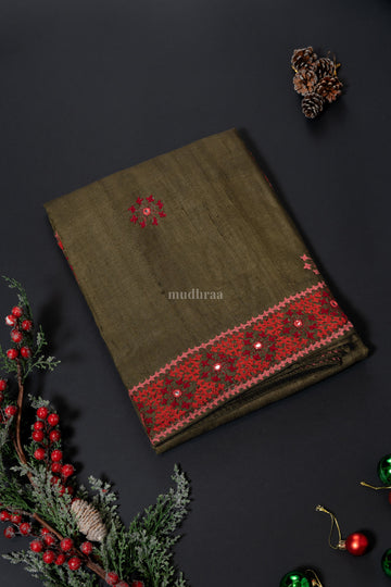 Moss green Kutch work Tussar silk saree