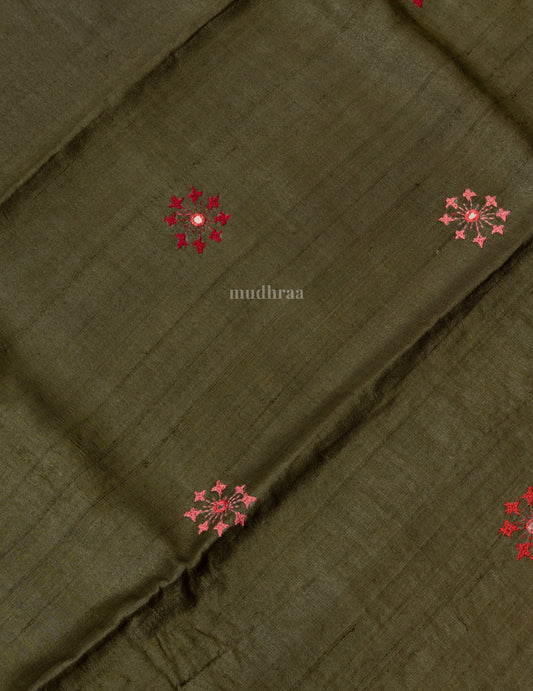 Moss green Kutch work Tussar silk saree