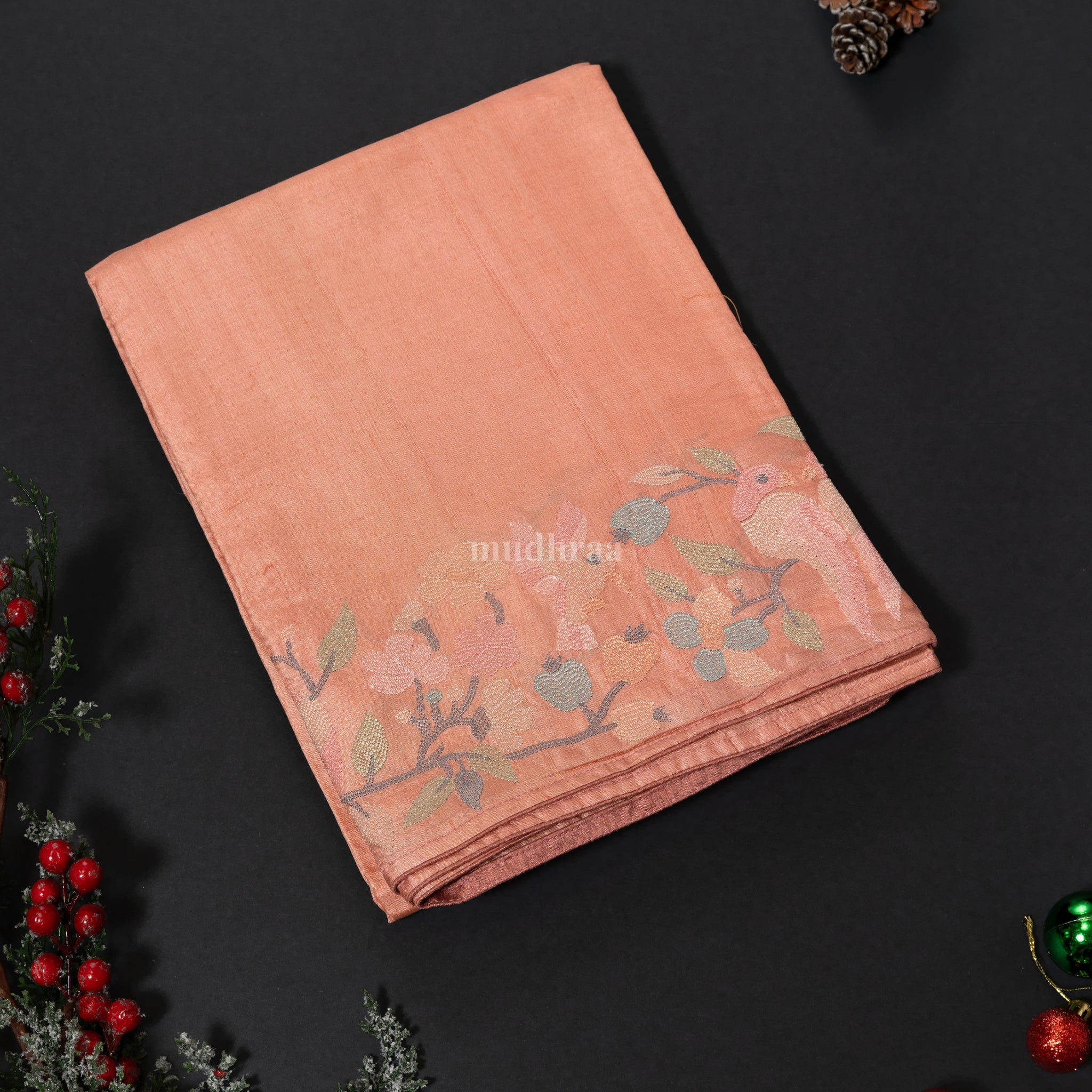 WINTER BIRDS EMBROIDERED TUSSAR SAREE