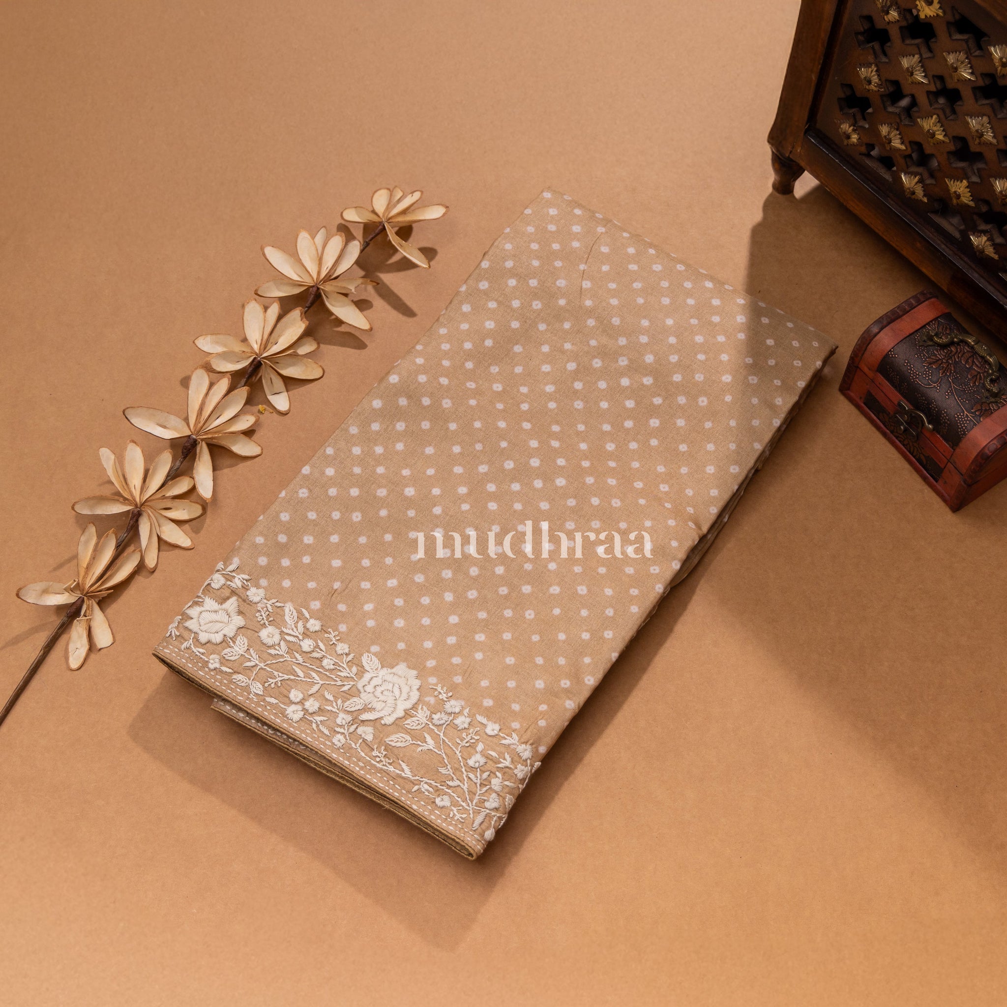Champagne bandhani embroidered tussar saree