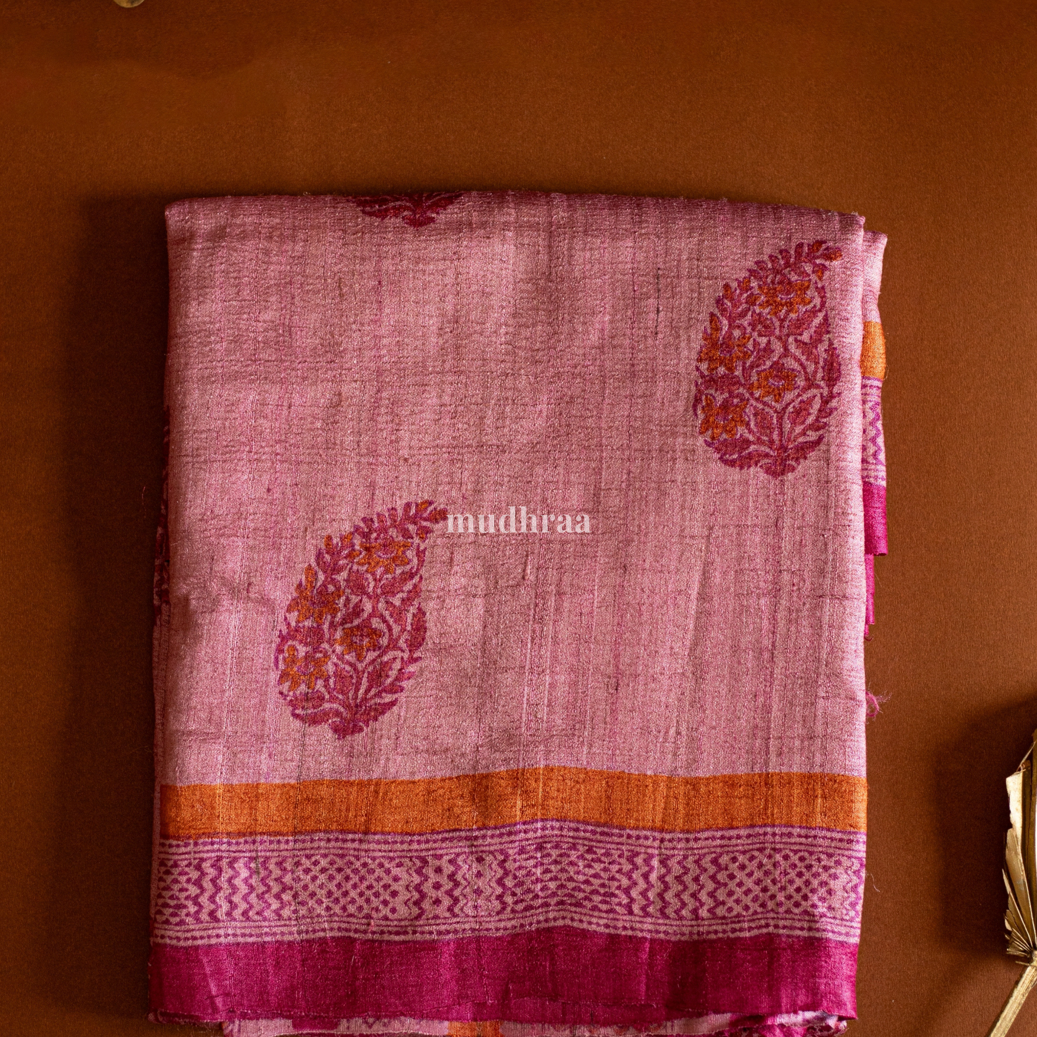 Pink handblock Printed Pure Tussar Saree