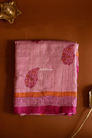 Pink handblock Printed Pure Tussar Saree