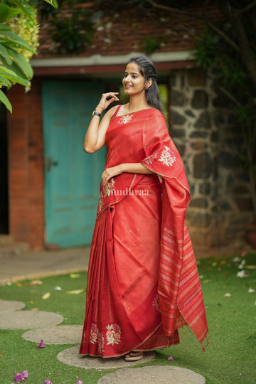 SCARLET EMBROIDERED KORA SAREE