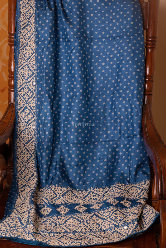 Cobalt Blue Kutch Embroidered Bandhani Tussar Saree