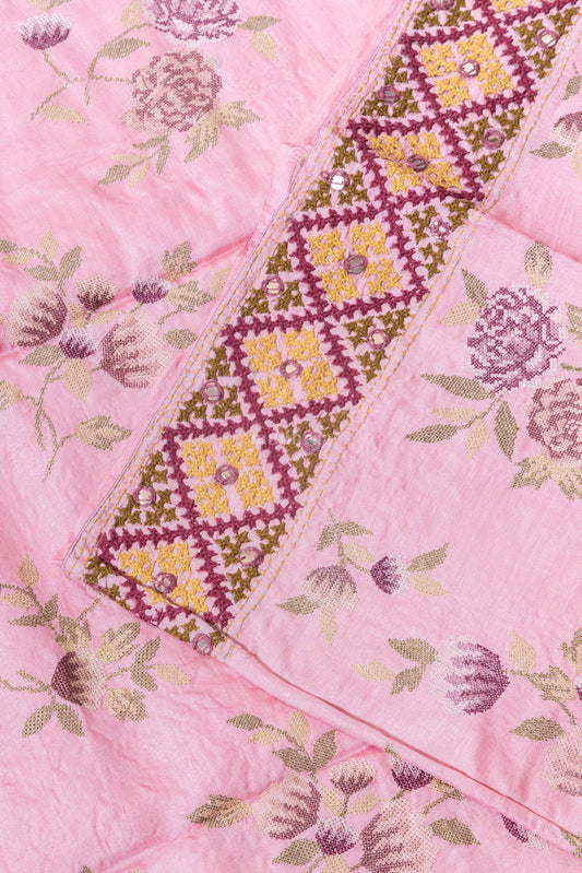 PINK CROSS-STITCH EMBROIDERED KUTCH TUSSAR SILK SAREE