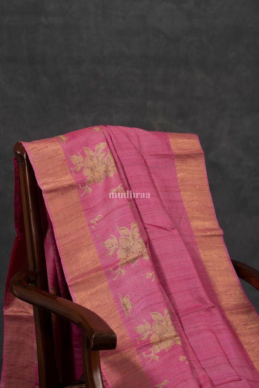 Bright Pink Pure Tussar Silk Saree