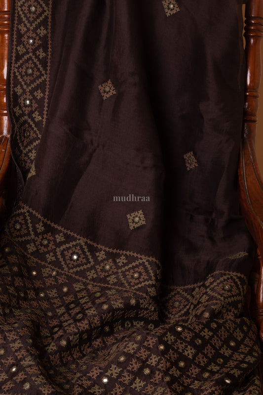 Mocha Brown Organza Kutch Work Saree