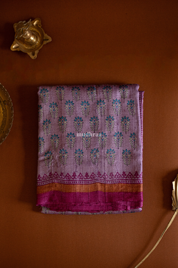 HANDBLOCK PRINTED VIOLET TUSSAR SILK SAREE