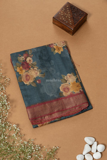 GREY & RED ZARI TUSSAR SILK SAREE