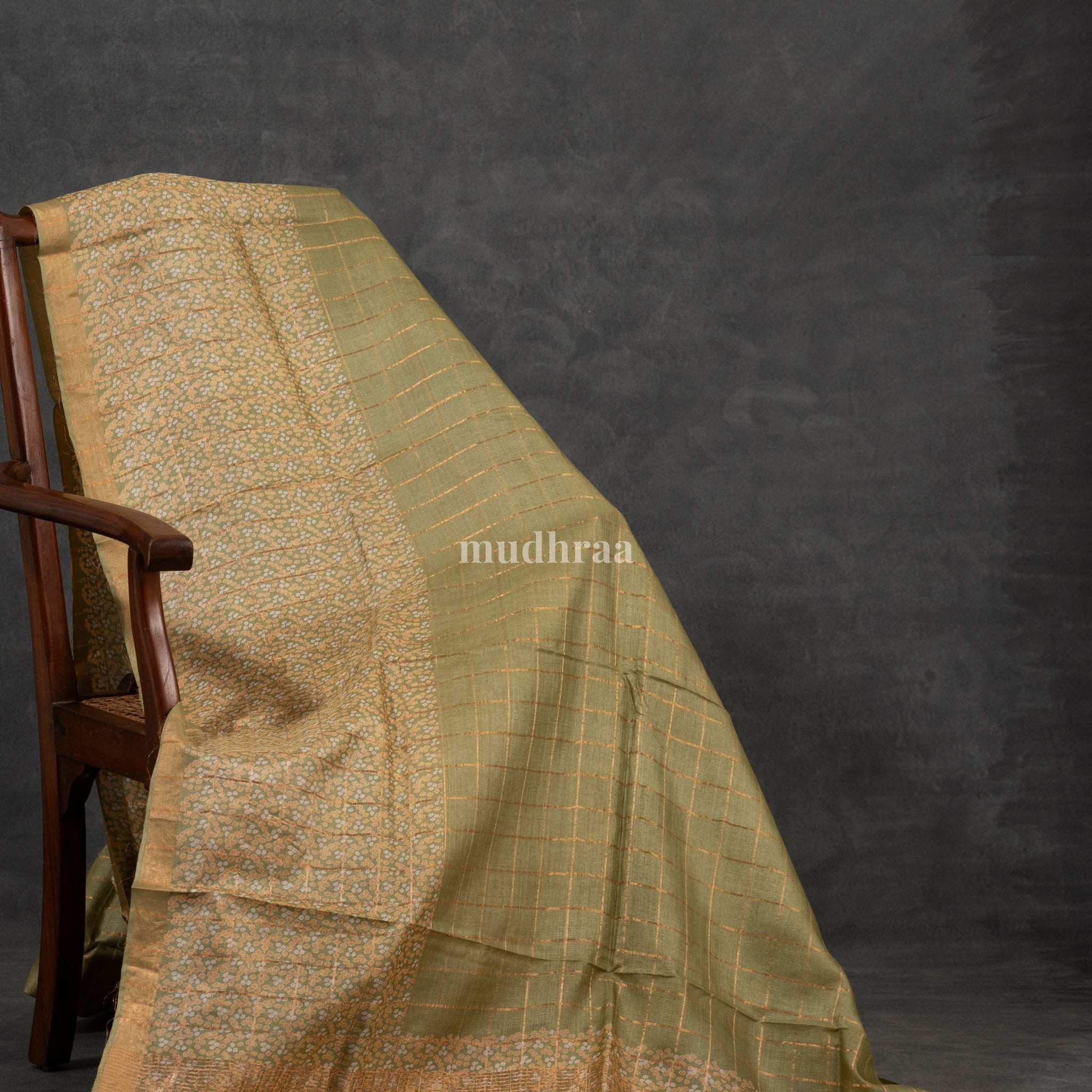 Pastel Green Zari Checked Bandhani Tussar Silk Saree