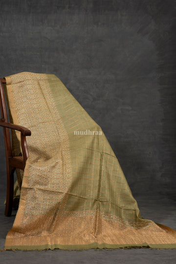 Pastel Green Zari Checked Bandhani Tussar Silk Saree