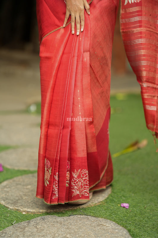 SCARLET EMBROIDERED KORA SAREE