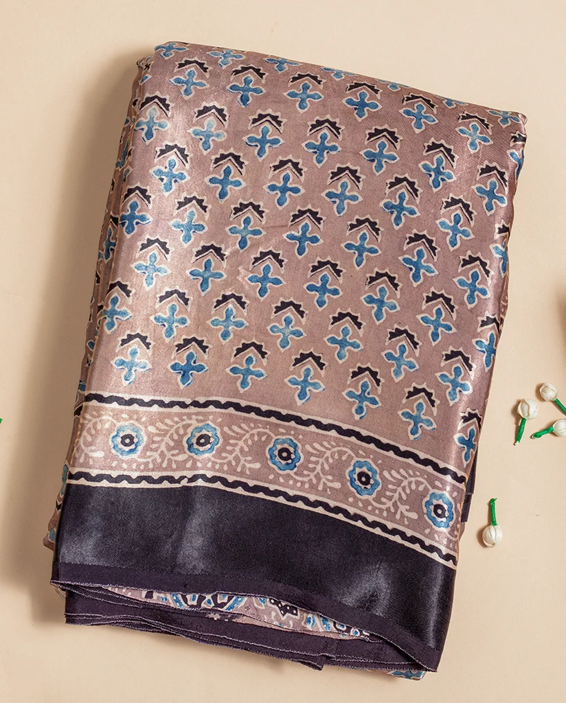 Taupe ajrakh printed modal silk saree