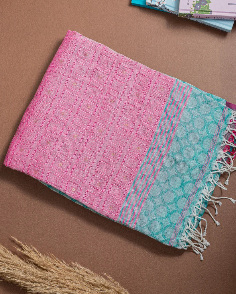 Sky blue & pink handwoven cotton saree