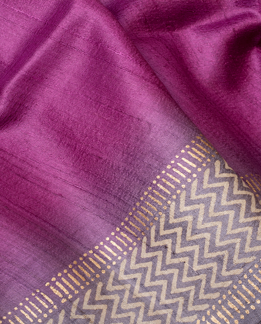 Magenta & grey handblocked tussar saree