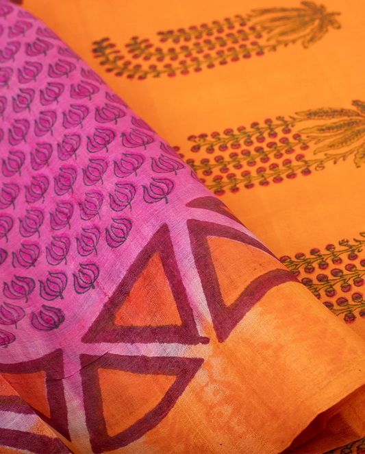 VIOLET & ORANGE HANDBLOCK PRINTED TUSSAR SILK SAREE