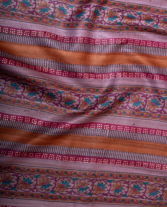 Violet handblock Printed Ghicha Tussar Saree