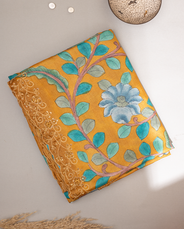 Mustard & Turquoise Hand Printed Kalamkari Tussar silk Saree