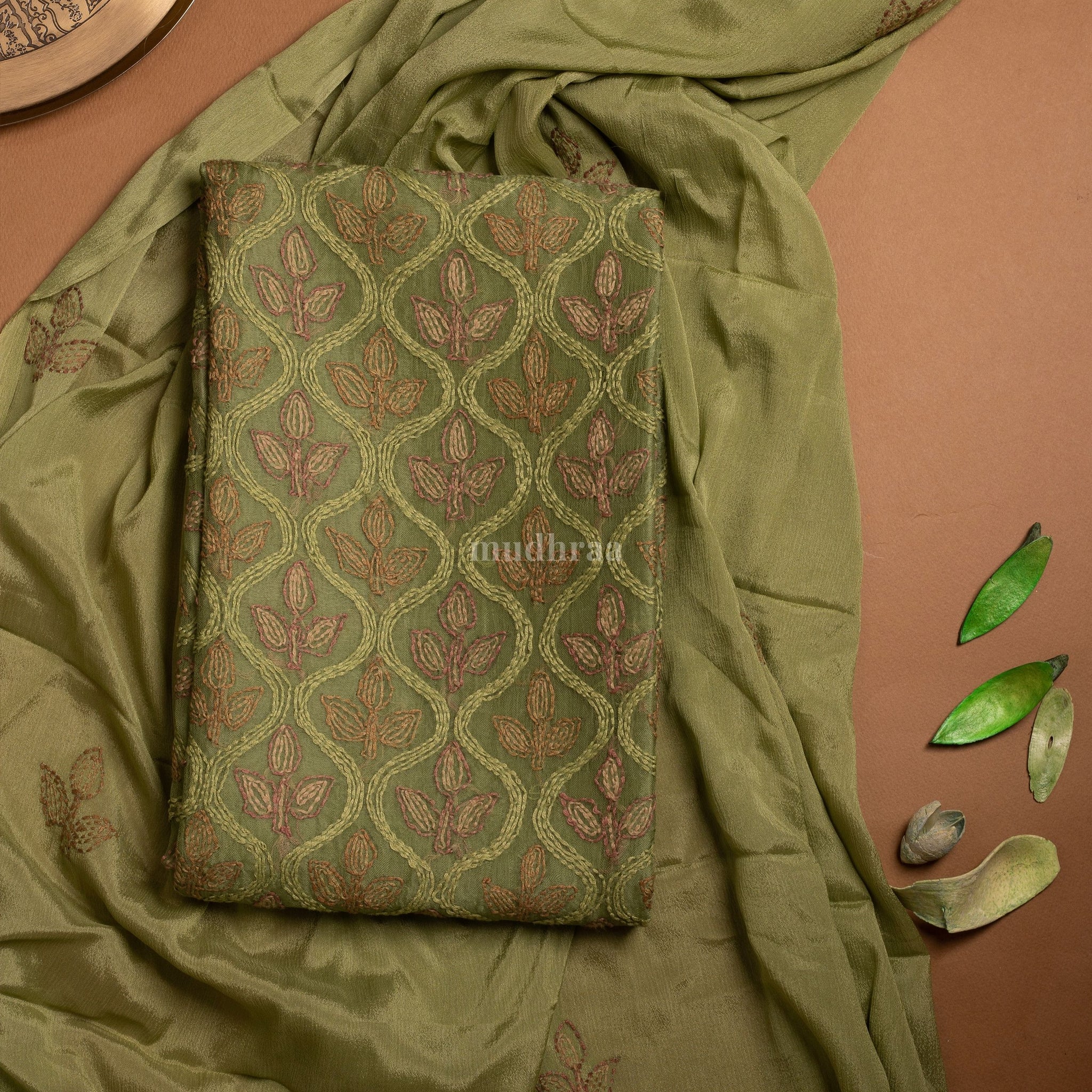 Olive Green Chikankari Organza Suit Set