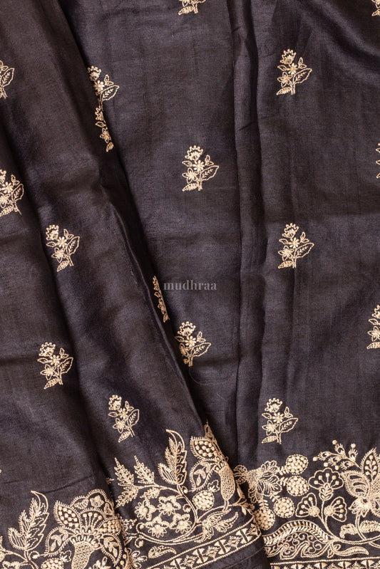 Jet Black Embroidered Tussar Saree